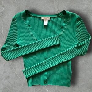 H&M‎ Kelly Green Ribbed Cropped Cardigan Women’s Small Button Front V Neck